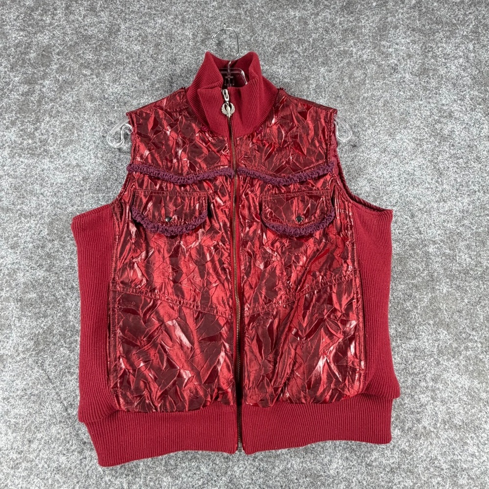 Adiktd Full Zip Vest Womens M Red Metallic Shiny Textured Rib-Knit Mock Neck Y2K